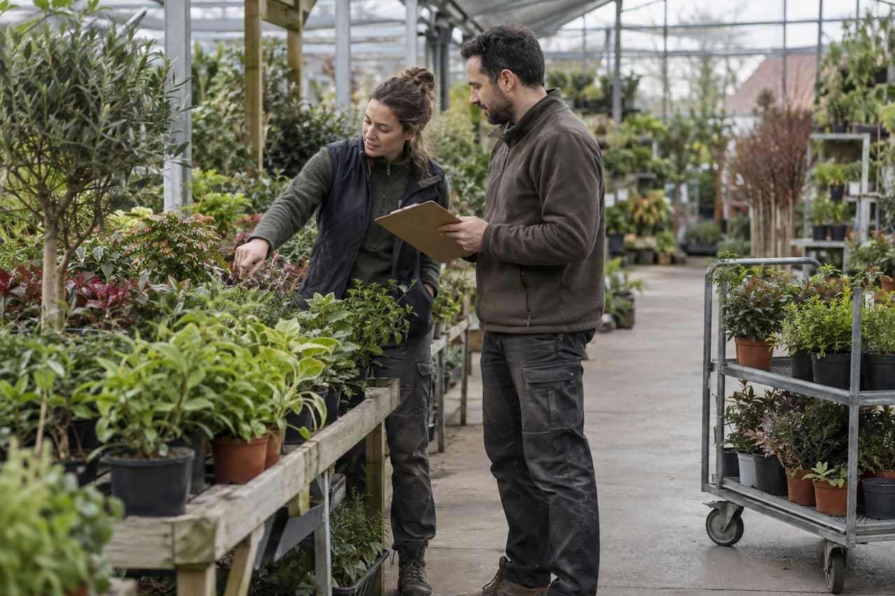 Deux membres d’une équipe coordonnent le travail parmi les plantes d’une jardinerie, sans marque ni donnée client.